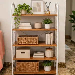 Estante organizador multiusos de metal y madera, 5 niveles