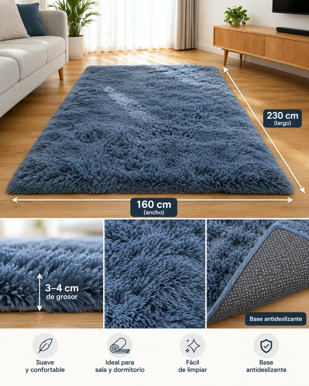Alfombra de pelo alto gris oscuro 160 × 230 cm