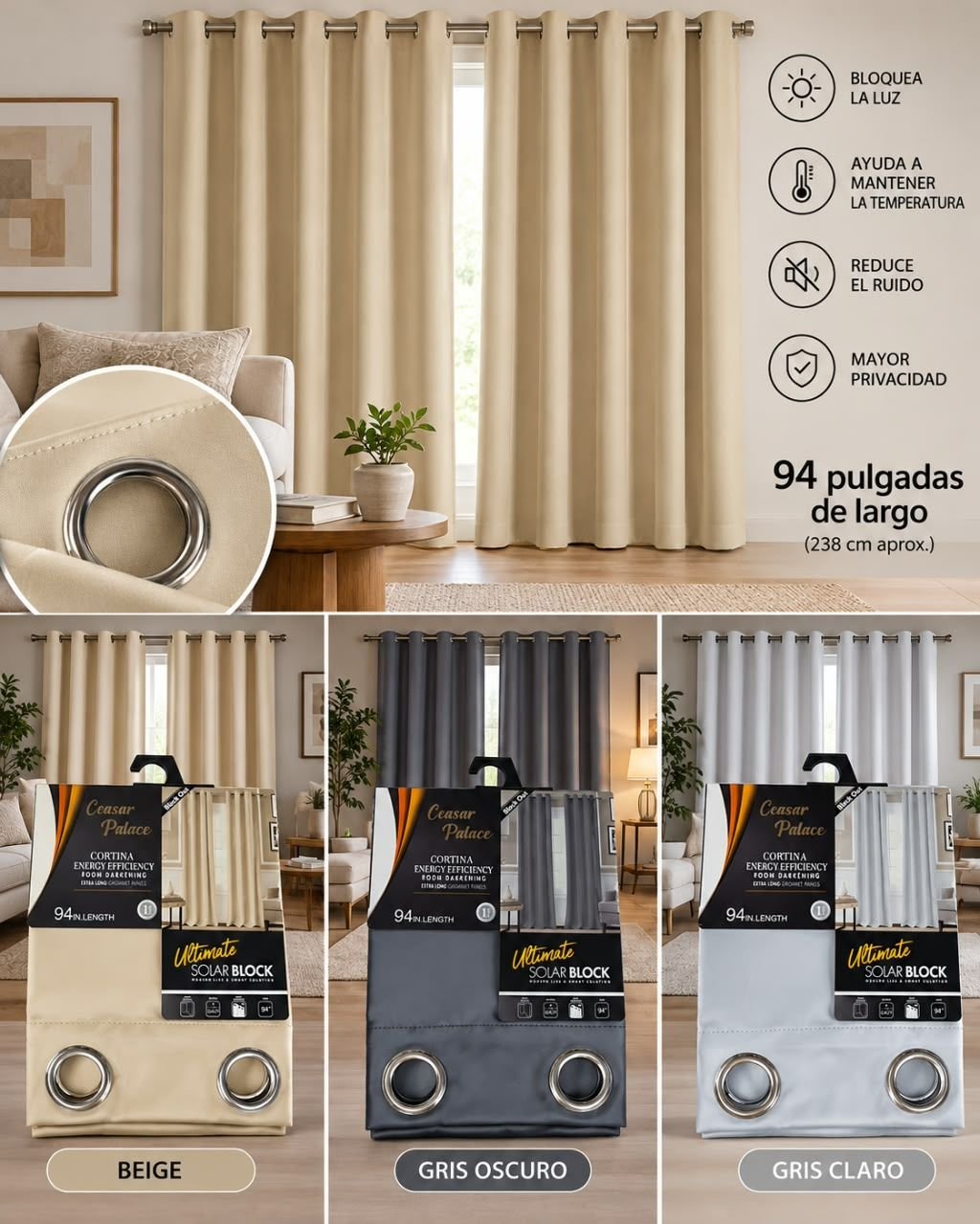 Cortinas blackout Ceasar Palace en beige, gris oscuro y gris claro