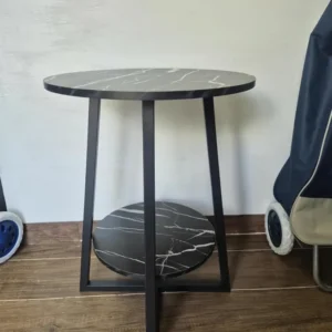 Mesita redonda de 2 niveles de madera prensada (efecto mármol negro)