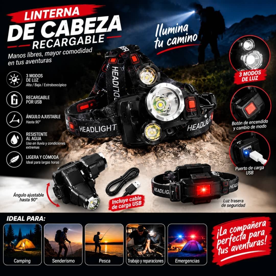 Linterna de cabeza recargable con 3 luces