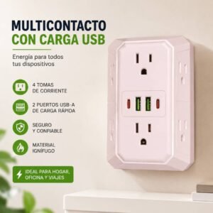 Multicontacto de pared con 4 tomas y carga USB