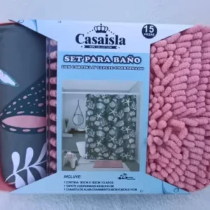 Set para baño 3 piezas, alfombra cesta y cortina