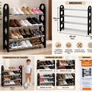 Zapatera abierta de 4 niveles con zapatos